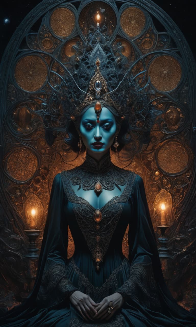  horror themed bioluminescence, Queen of Pentcals from Tarot cards, beautiful, with big sad eyes. In the style of Greg Rutkowski, in the dark medieval city of Alberto Seveso, Susan Kare, Albrecht Durer, Chris Dyer, Robert Crumb, Ndebele motifs, neurosurrealism symbolism, horror film, Priya Rama, Kalamkari, anodized dark background, moody, desaturated color, Paul style Klee, Arthur Rackham, detailed matte painting, sinister Greg Rutkowski, Brian Froude, muted colors, watercolor style, 8k resolution, hyper detail, Mika Asai macro photography, close up, hyper detail, artstation trends, sharp focus, photography studio, intricate detail, high detail , Greg Rutkowski . eerie, unsettling, dark, spooky, suspenseful, grim, highly detailed hyperrealistic, full body, detailed clothing, highly detailed, cinematic lighting, stunningly beautiful, intricate, sharp focus, f/1. 8, 85mm, (centered image composition), (professionally color graded), ((bright soft diffused light)), volumetric fog, trending on instagram, trending on tumblr, HDR 4K, 8K