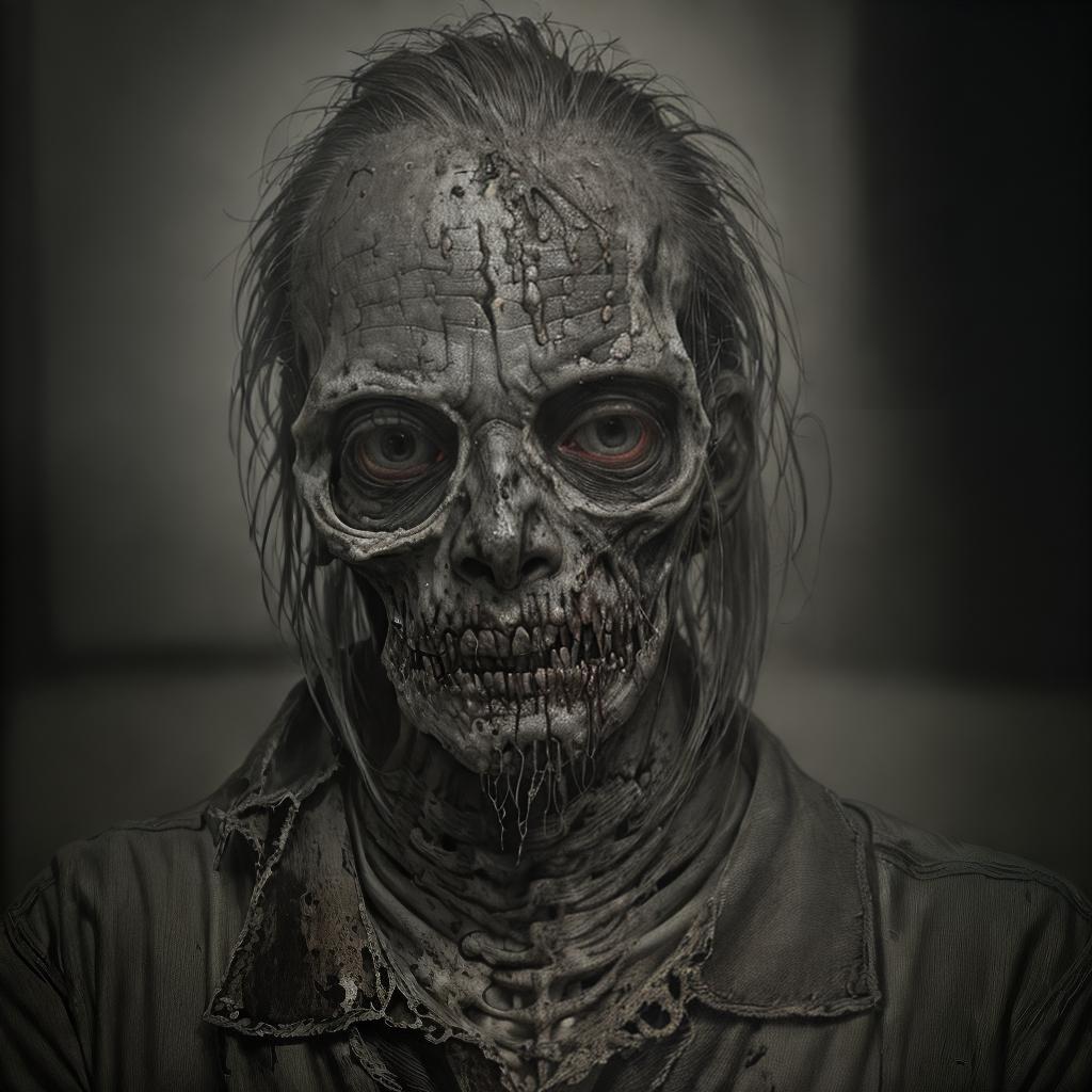  portrait of a man transformed into a realistic zombie, decaying skin, exposed bones, tattered clothes, horror style, hyperrealistic details, dark moody lighting, 1:1 ar 768:768, high resolution, sharp focus, (perfect image composition), ((masterpiece)), (professionally color graded), ((bright soft diffused light))