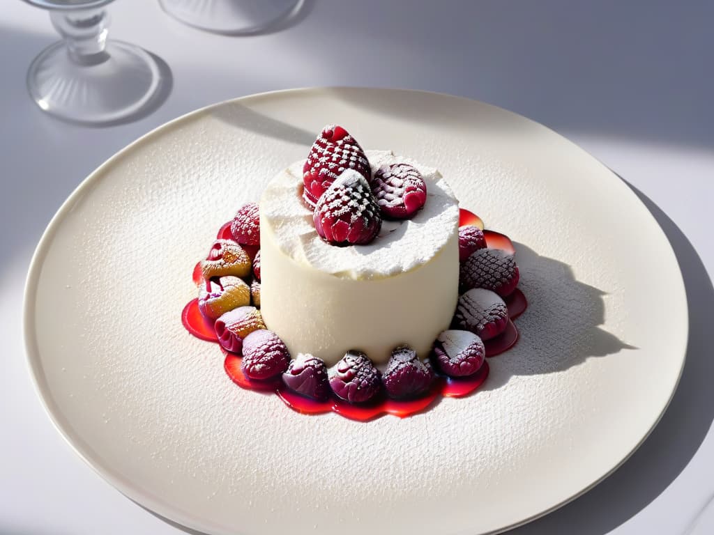  A closeup, ultradetailed image of a perfectly plated sous vide dessert, showcasing a silky smooth texture with a glossy finish. The dessert is elegantly garnished with a delicate sprinkle of powdered sugar and a single fresh raspberry on top, set against a sleek, white ceramic plate. The lighting emphasizes the flawless texture and precision of the dessert, making it a visuallystriking and aspirational image for the article. hyperrealistic, full body, detailed clothing, highly detailed, cinematic lighting, stunningly beautiful, intricate, sharp focus, f/1. 8, 85mm, (centered image composition), (professionally color graded), ((bright soft diffused light)), volumetric fog, trending on instagram, trending on tumblr, HDR 4K, 8K