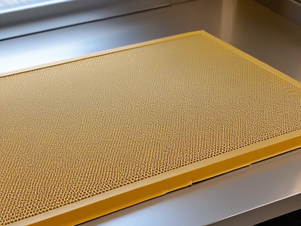  A closeup, ultradetailed image of a Silpat silicone baking mat with intricate patterns and textures, showcasing its nonstick surface and durability. The focus is on the precision of the design, capturing the professional and highquality aspect of the product. The minimalistic style highlights the simplicity and elegance of the Silpat, emphasizing its superiority over traditional parchment paper for baking. hyperrealistic, full body, detailed clothing, highly detailed, cinematic lighting, stunningly beautiful, intricate, sharp focus, f/1. 8, 85mm, (centered image composition), (professionally color graded), ((bright soft diffused light)), volumetric fog, trending on instagram, trending on tumblr, HDR 4K, 8K