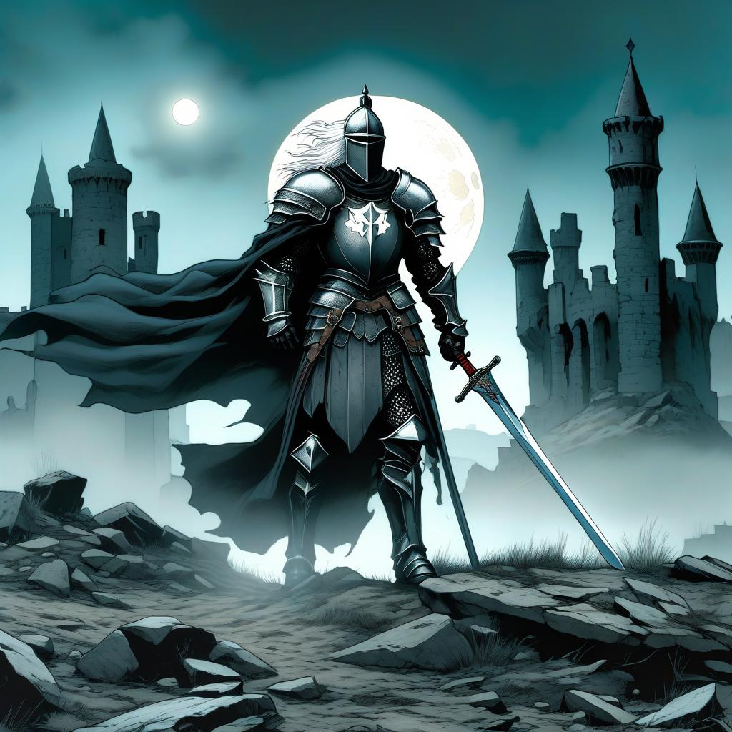  dystopian style A knight in black armor with a white mane and cloak walks toward the viewer with a sword in hand, in front of the ruins of a castle and a full moon. All this happens at night. . bleak, post apocalyptic, somber, dramatic, highly detailed hyperrealistic, full body, detailed clothing, highly detailed, cinematic lighting, stunningly beautiful, intricate, sharp focus, f/1. 8, 85mm, (centered image composition), (professionally color graded), ((bright soft diffused light)), volumetric fog, trending on instagram, trending on tumblr, HDR 4K, 8K