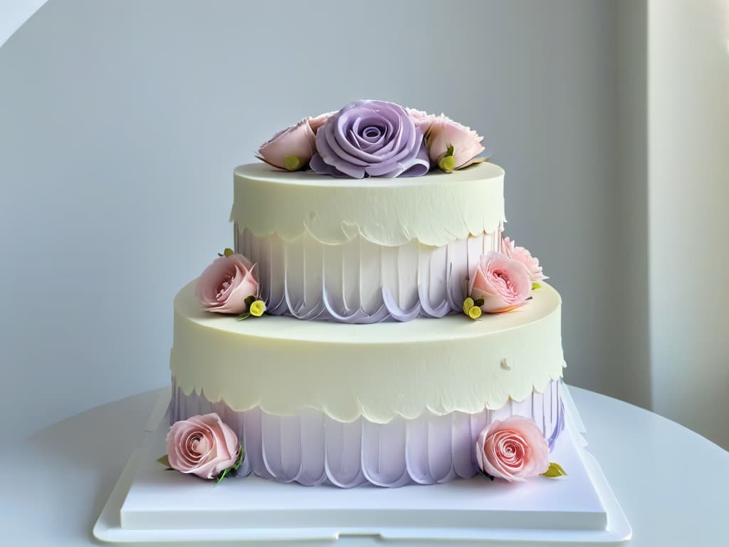  A beautifully crafted threetiered vegan wedding cake, elegantly decorated with intricate sugar flowers in shades of pastel pink, lavender, and ivory. The cake is displayed on a sleek marble cake stand, set against a soft, blurred background to emphasize the delicate details of the floral decorations. hyperrealistic, full body, detailed clothing, highly detailed, cinematic lighting, stunningly beautiful, intricate, sharp focus, f/1. 8, 85mm, (centered image composition), (professionally color graded), ((bright soft diffused light)), volumetric fog, trending on instagram, trending on tumblr, HDR 4K, 8K