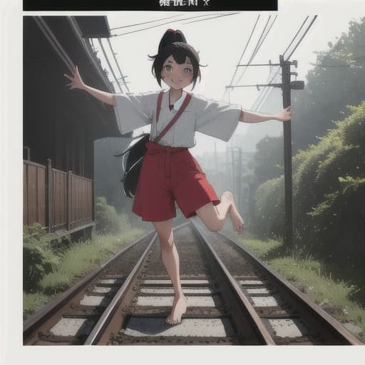  ogino chihiro, smile, ponytail, long arm shirt, red shorts, barefoot, railroad tracks, balancing, outstretched arms, water ,colorful, high contrast, random text 82 hyperrealistic, full body, detailed clothing, highly detailed, cinematic lighting, stunningly beautiful, intricate, sharp focus, f/1. 8, 85mm, (centered image composition), (professionally color graded), ((bright soft diffused light)), volumetric fog, trending on instagram, trending on tumblr, HDR 4K, 8K