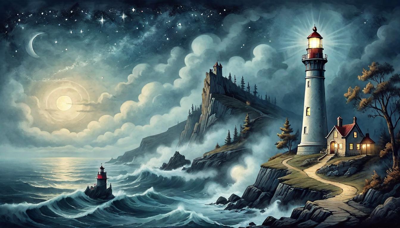  on parchment, surrealism+++, A lighthouse standing tall on a rugged cliff, its light piercing through fog towards a starry night, guiding the way on an endless quest for knowledge, steadfast, illuminating, beacon of enlightenment(mysterious, provocative, symbolic,muted color)+++