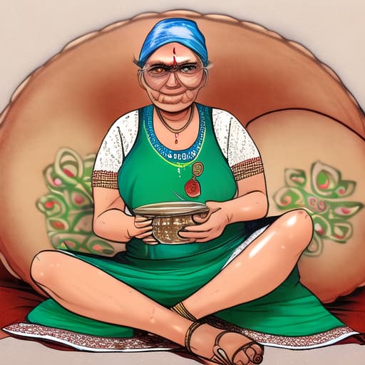  a Indian grandmother with pickle Jar in her hand sitting for advertisement