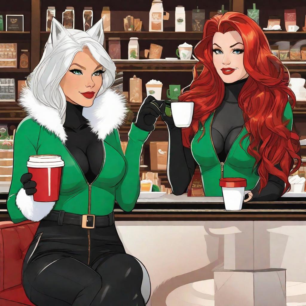  Felicia Hardy, young face, long white hair, white fur collar, gloves, no bra, black jumpsuit, unzipped, bigger breaststl, and Mary Jane Watson, red hair, green sweater, drinking coffee at Starbucks