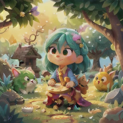  Prompt: This illustration should depict a beautiful and lively spring day in the magical garden of a fairy named 리나. 리나 is joyfully wandering in her lovingly tended garden, taking care of her fruit trees. Her favourite apple tree is standing nearby, with 리나 crouching under it, filled with curiosity and wonder. The focal point of the illustration is a brightly shining, small, and pretty stone, discovered by 리나 between the sharp, snow-white leaves of the apple tree. This is the 'magic stone that preserves freshness' with unique drawings on it. 리나's eyes light up with enchantment as she regards the stone. The illustration conveys a sense of discovery and magic. Nearby, expectantly watching 리나, are her animal friends: hyperrealistic, full body, detailed clothing, highly detailed, cinematic lighting, stunningly beautiful, intricate, sharp focus, f/1. 8, 85mm, (centered image composition), (professionally color graded), ((bright soft diffused light)), volumetric fog, trending on instagram, trending on tumblr, HDR 4K, 8K