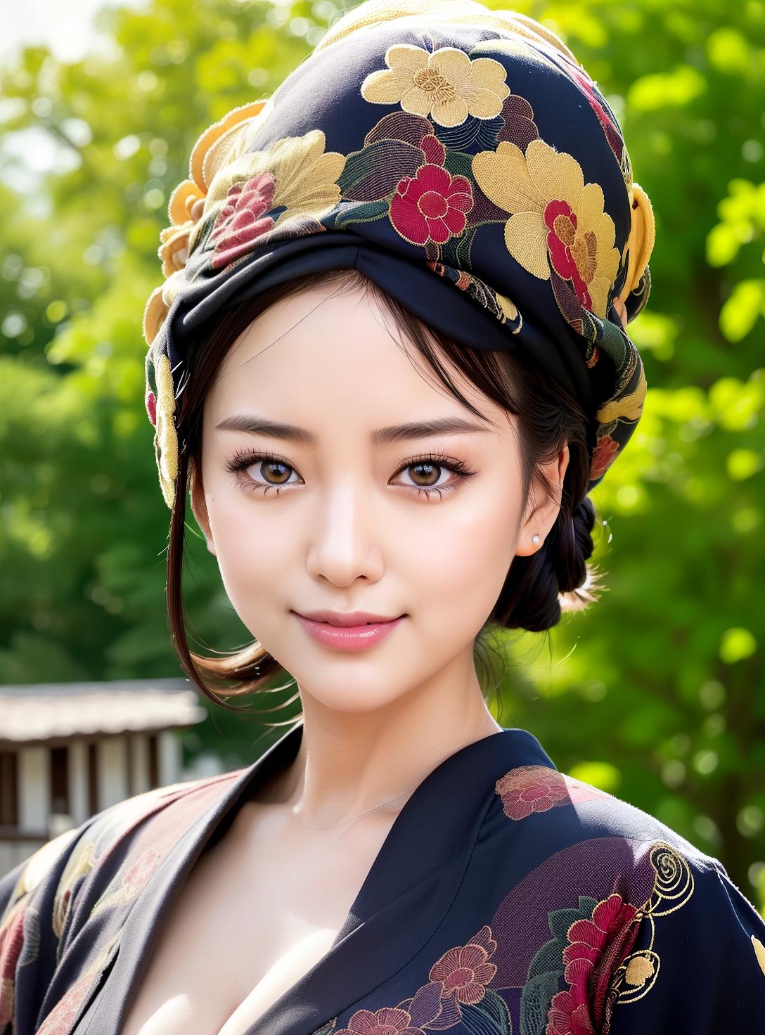  Kimono, beautiful eyes, a whole smile, plump breasts, constricted waist,, (Masterpiece, BestQuality:1.3), (ultra detailed:1.2), (hyperrealistic:1.3), (RAW photo:1.2),High detail RAW color photo, professional photograph, (Photorealistic:1.4), (realistic:1.4), ,professional lighting, (japanese), beautiful face, (realistic face)