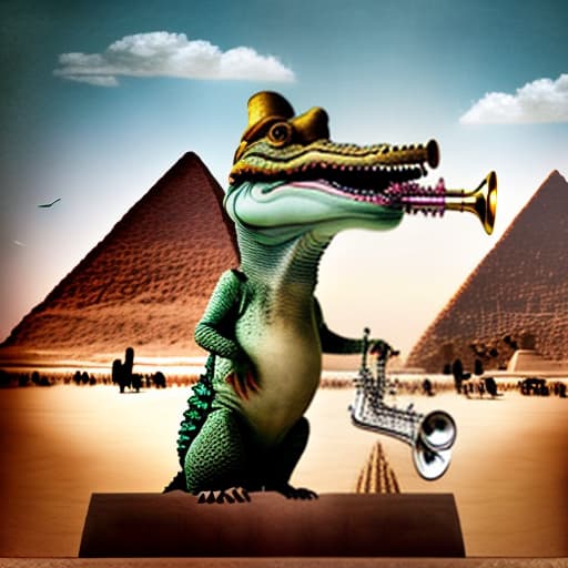 estilovintedois A whimsical photo montage of a crocodile playing the trumpet in front of the Sphinx in Egypt