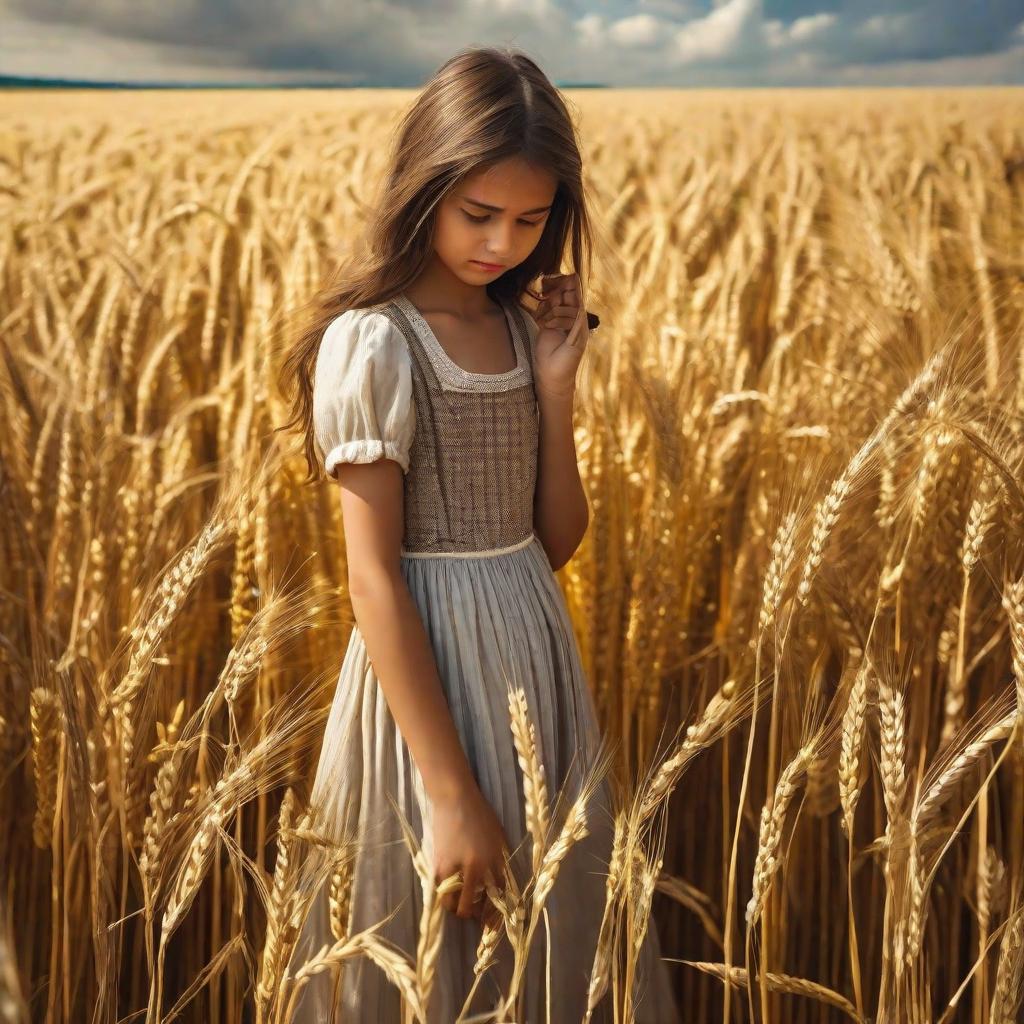  masterpiece, best quality,Crying girl standing in wheat field, brown hair, background sky, overall yellow tone