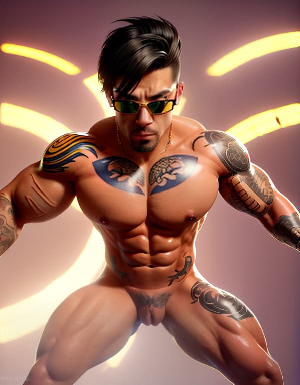  tattooed  bodybuilders with yellow glasses in the game，gay，Asian，Asiatic，Asian，Asian， portrait, happy colors, bright eyes, clear eyes, warm smile, smooth soft skin，symmetrical, anime wide eyes，big bulge， huge pectorales, naked whole body <lora:360-skybox-environment:1> hyperrealistic, full body, detailed clothing, highly detailed, cinematic lighting, stunningly beautiful, intricate, sharp focus, f/1. 8, 85mm, (centered image composition), (professionally color graded), ((bright soft diffused light)), volumetric fog, trending on instagram, trending on tumblr, HDR 4K, 8K