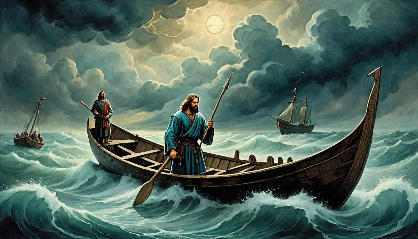  on parchment, surrealism+++, Peter in the boat, reaching out towards Jesus, stormy waters, determination on his face, divine and dramatic moment(mysterious, provocative, symbolic,muted color)+++