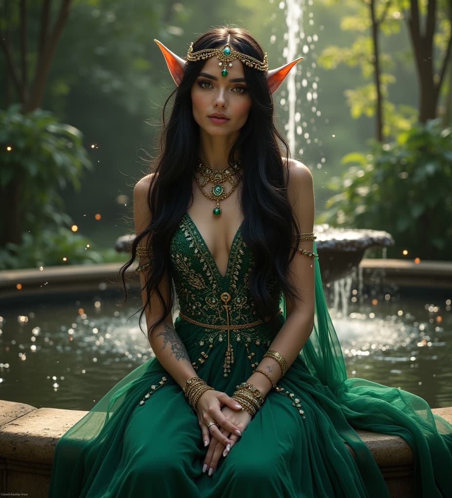  good quality, high quality, an elven lady sitting in front of a fountain inside a dense fantasy forest. she wares an intricate green gown made from crystals and diamonds. she has long stylish flowing black hair. she has beautiful eyes with dark makeup. she is adorned with golden jewelry like bracelets, choker and a tiara, reflecting the sunlight. she is surrounded by fireflies giving the image a magical and epic feel to it. the image has a sharp background.