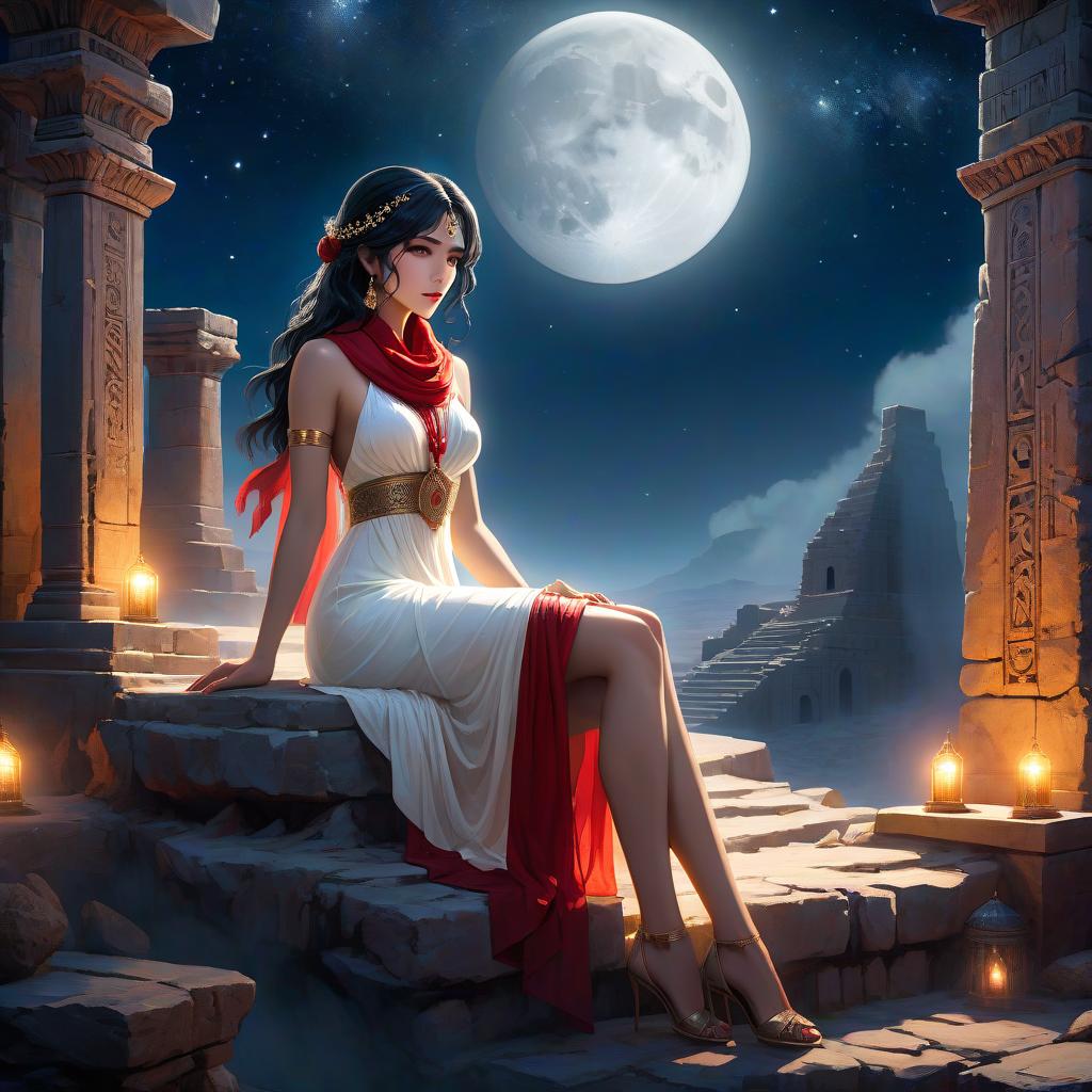  dreamscape 1girl, detailed face, sits dangling legs into the abyss, Mesopotamian white dress. Layered hair, black hair, red scarf, detailed fingers, legs, knees, detailed toes, barefoot, knee length white dress, Mesopotamian ruins, primitive structures, stone ruins, night sky, stars, broken moon, red moon, wreckage of the moon, epic lighting, insane details, highly detailed, backlighting, intricate details, masterpiece, best quality, . surreal, ethereal, dreamy, mysterious, fantasy, highly detailed hyperrealistic, full body, detailed clothing, highly detailed, cinematic lighting, stunningly beautiful, intricate, sharp focus, f/1. 8, 85mm, (centered image composition), (professionally color graded), ((bright soft diffused light)), volumetric fog, trending on instagram, trending on tumblr, HDR 4K, 8K