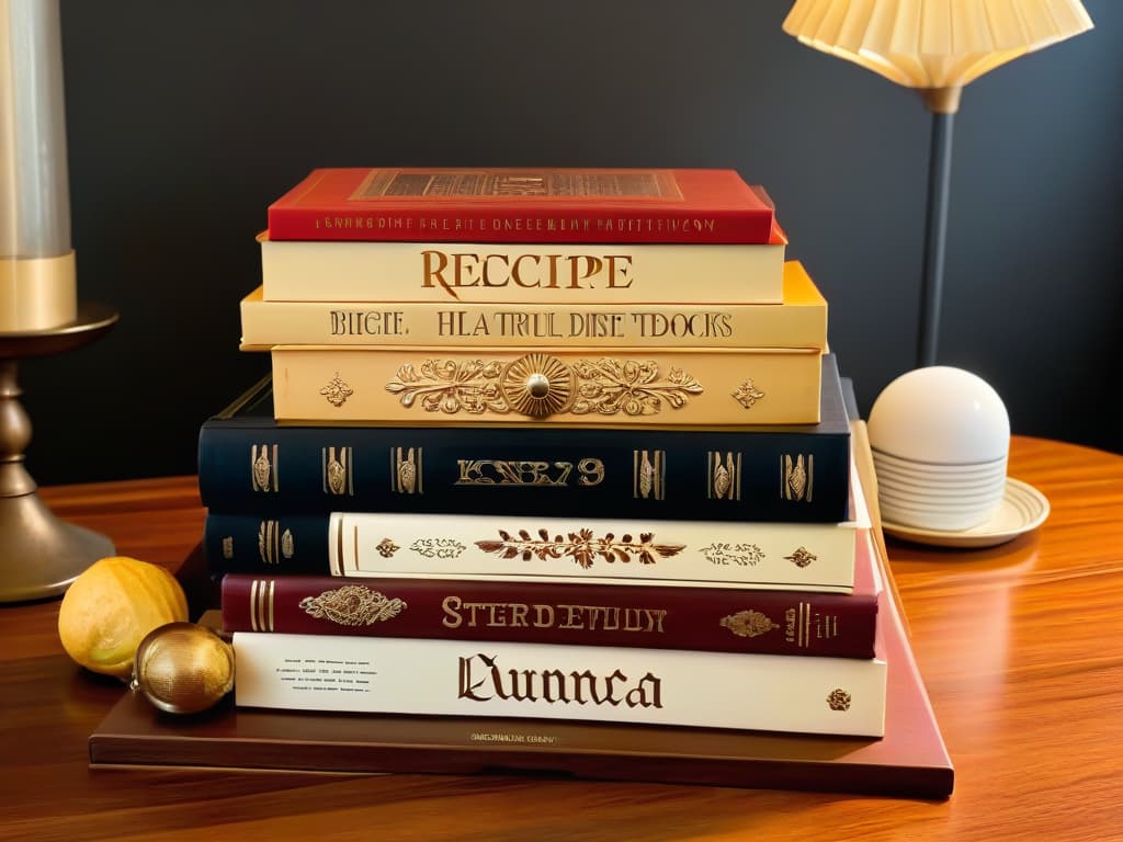  An ultradetailed 8k image of a beautifully arranged stack of vintage recipe books on traditional pastries and desserts, showcasing intricate covers with elegant typography and delicate illustrations. The books are placed on a rustic wooden table, softly lit to highlight their textures and colors, evoking a sense of nostalgia and timeless culinary wisdom. hyperrealistic, full body, detailed clothing, highly detailed, cinematic lighting, stunningly beautiful, intricate, sharp focus, f/1. 8, 85mm, (centered image composition), (professionally color graded), ((bright soft diffused light)), volumetric fog, trending on instagram, trending on tumblr, HDR 4K, 8K