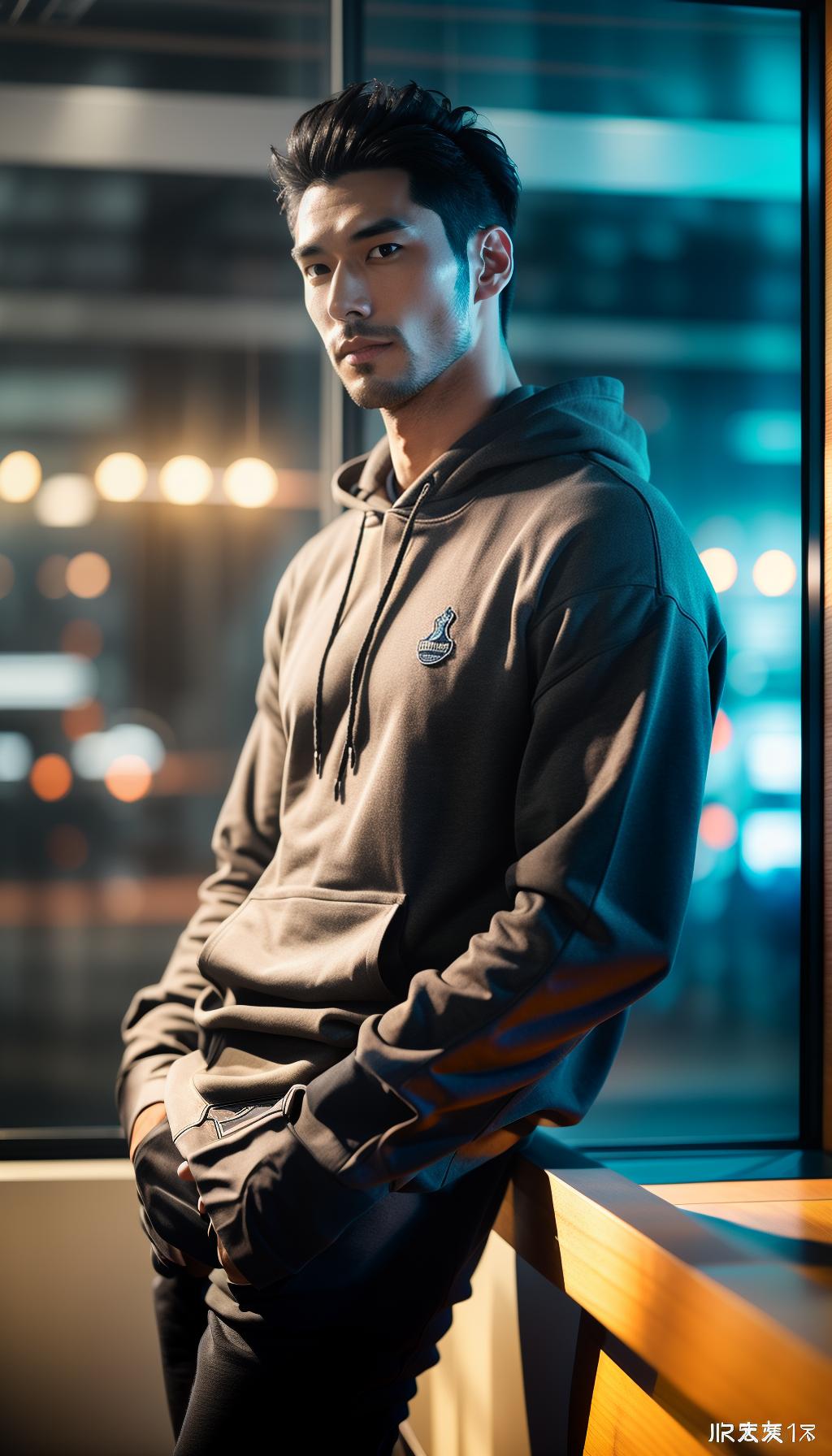  A realistic photo of a slightly slim handsome young Japanese man, with center parted short black hair, sitting in a modern cafe, on a rainy winter evening, wearing a grey hoodie and black jeans, with the city illuminations visible through the window behind him. hyperrealistic, full body, detailed clothing, highly detailed, cinematic lighting, stunningly beautiful, intricate, sharp focus, f/1. 8, 85mm, (centered image composition), (professionally color graded), ((bright soft diffused light)), volumetric fog, trending on instagram, trending on tumblr, HDR 4K, 8K