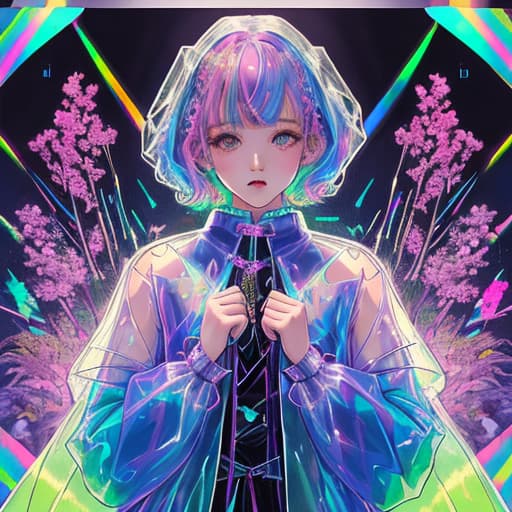  transparent color PVC clothing, transparent color vinyl clothing, prismatic, holographic, chromatic aberration, fashion illustration, masterpiece, girl with harajuku fashion, looking at viewer, 8k, ultra detailed, pixiv, <lora:dreamlikeDiffusion10 10:1>