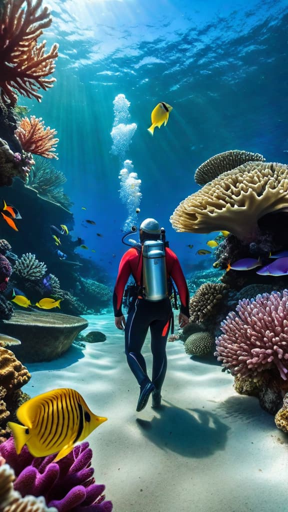  A vibrant coral reef teeming with colorful fish and marine life. hyperrealistic, full body, detailed clothing, highly detailed, cinematic lighting, stunningly beautiful, intricate, sharp focus, f/1. 8, 85mm, (centered image composition), (professionally color graded), ((bright soft diffused light)), volumetric fog, trending on instagram, trending on tumblr, HDR 4K, 8K