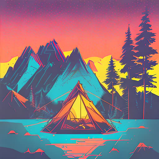 nvinkpunk Whimsical mountains with trees, camping tent and fire