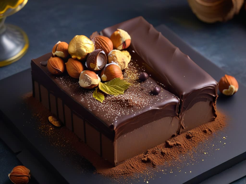  An 8k ultradetailed image of a perfectly tempered shiny bar of Belgian chocolate adorned with delicate gold leaf flakes, surrounded by a scattering of whole roasted hazelnuts and a dusting of rich cocoa powder on a sleek, matte black surface. hyperrealistic, full body, detailed clothing, highly detailed, cinematic lighting, stunningly beautiful, intricate, sharp focus, f/1. 8, 85mm, (centered image composition), (professionally color graded), ((bright soft diffused light)), volumetric fog, trending on instagram, trending on tumblr, HDR 4K, 8K