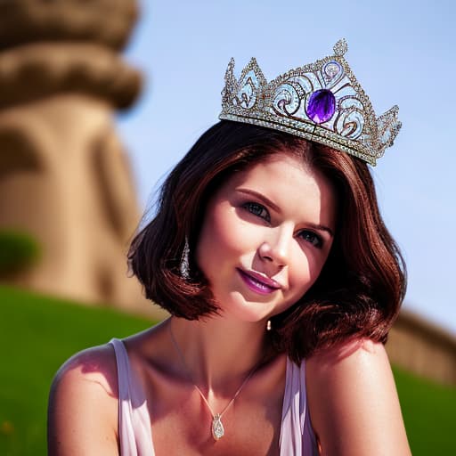 portrait+ style princess with short brown hair, a purple dress, a tiara, a purple necklace, in front of a castle