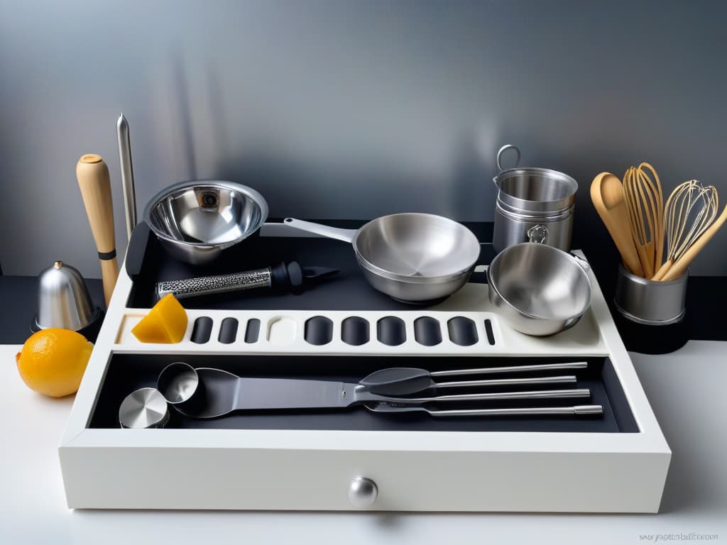  A sleek, minimalistic image showcasing an impeccably organized kitchen drawer filled with an array of highquality, essential baking tools for a gourmet pastry chef. Each utensil is meticulously arranged, with gleaming stainless steel mixing bowls, precise measuring cups, a whisk, spatula, piping bags, and various pastry tips neatly displayed. The soft overhead lighting highlights the clean lines and impeccable order of the utensils, emphasizing the importance of precision and attention to detail in the art of gourmet baking. hyperrealistic, full body, detailed clothing, highly detailed, cinematic lighting, stunningly beautiful, intricate, sharp focus, f/1. 8, 85mm, (centered image composition), (professionally color graded), ((bright soft diffused light)), volumetric fog, trending on instagram, trending on tumblr, HDR 4K, 8K