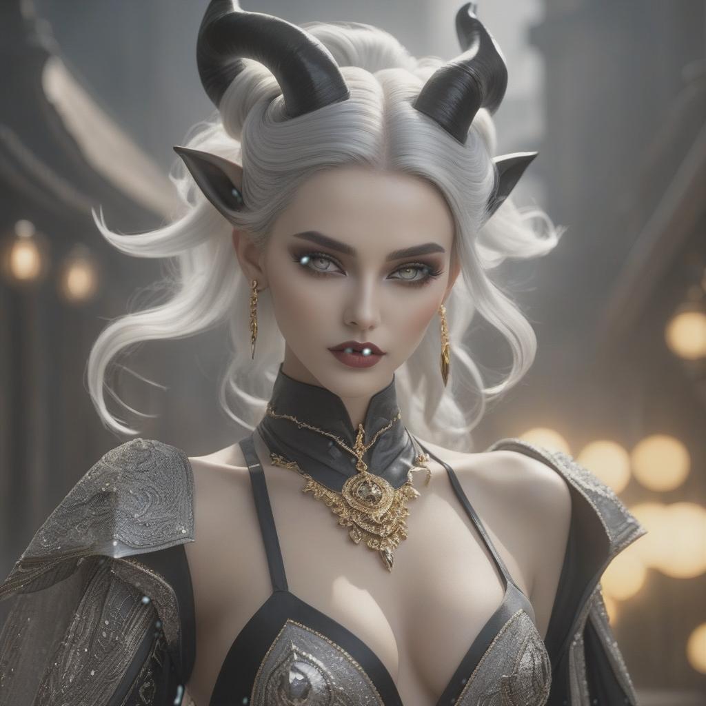  Young woman, sharp features on her face, dark makeup, narrow shape of her eyes, plump lips, cosmic theme, her hair slicked back, silver hair, black horns, golden jewelry, pale skin, diva. hyperrealistic, full body, detailed clothing, highly detailed, cinematic lighting, stunningly beautiful, intricate, sharp focus, f/1. 8, 85mm, (centered image composition), (professionally color graded), ((bright soft diffused light)), volumetric fog, trending on instagram, trending on tumblr, HDR 4K, 8K