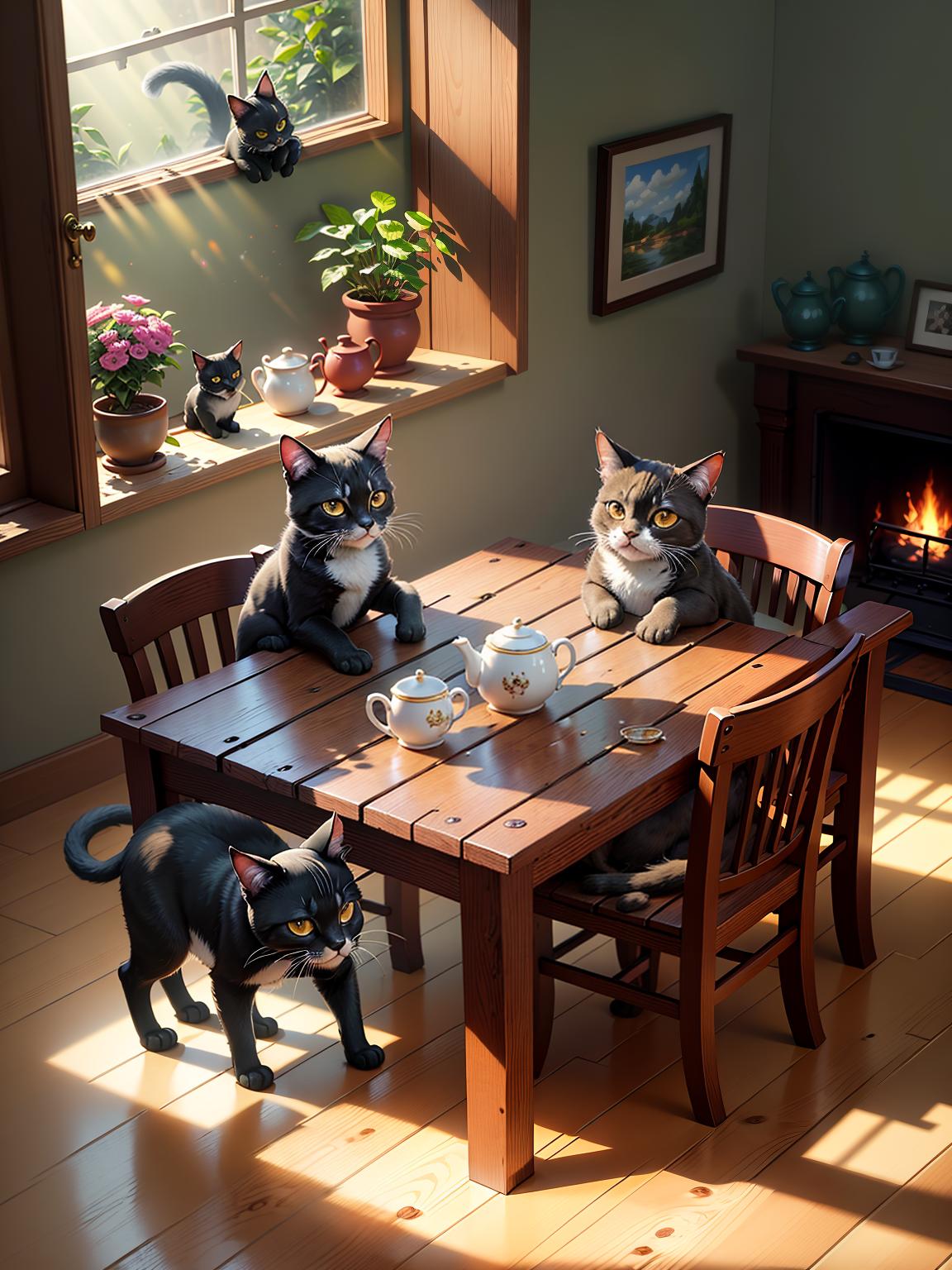  master piece, best quality, ultra detailed, highres, 4k.8k, Black cat., Engaging with other cats, showing unity., Friendly., BREAK A cat family teams up to show teamwork., In a cozy living room., Three pairs of boots, a table with a teapot and cups., BREAK Warm and inviting., Sunlight streaming through a window, illuminating the scene., fun00d
