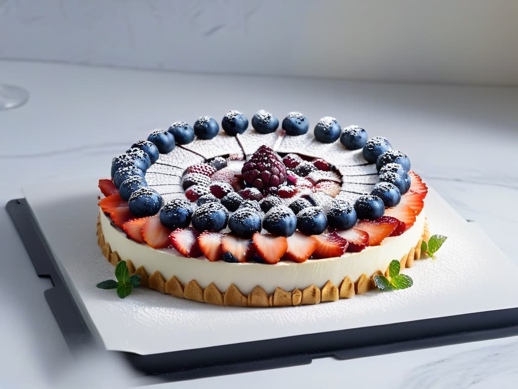  An ultradetailed, highresolution image of a sophisticated, elegant fruit tart displayed on a sleek, modern marble platter. The tart is intricately decorated with vibrant, fresh berries, delicate mint leaves, and a light dusting of powdered sugar, creating a visually stunning and mouthwatering dessert. The background is a soft focus to emphasize the exquisite details of the dessert, highlighting its gourmet and upscale quality, perfect for a highend, guiltfree indulgence. hyperrealistic, full body, detailed clothing, highly detailed, cinematic lighting, stunningly beautiful, intricate, sharp focus, f/1. 8, 85mm, (centered image composition), (professionally color graded), ((bright soft diffused light)), volumetric fog, trending on instagram, trending on tumblr, HDR 4K, 8K