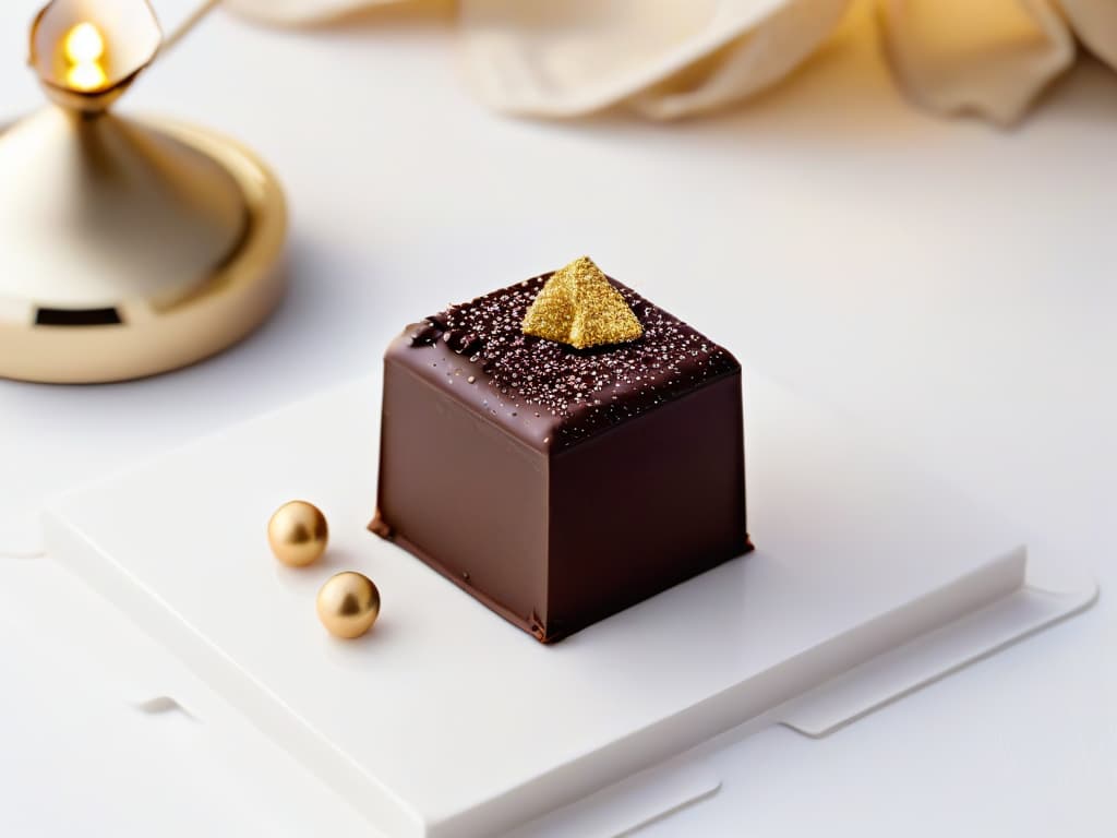  A closeup, minimalist image of a single gourmet chocolate praline with a perfectly smooth, shiny surface, showcasing intricate geometric patterns and a delicate sprinkle of gold dust on top. The background is a soft focus, highlighting the elegant simplicity and luxurious nature of the innovative filled chocolate. hyperrealistic, full body, detailed clothing, highly detailed, cinematic lighting, stunningly beautiful, intricate, sharp focus, f/1. 8, 85mm, (centered image composition), (professionally color graded), ((bright soft diffused light)), volumetric fog, trending on instagram, trending on tumblr, HDR 4K, 8K