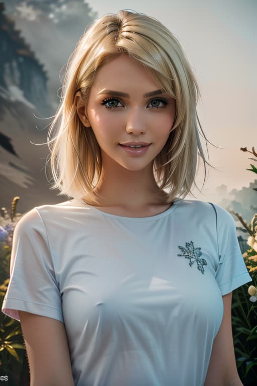  1girl,1girl,blonde short hair,straight hair,upper body shot,shirt,smile hyperrealistic, full body, detailed clothing, highly detailed, cinematic lighting, stunningly beautiful, intricate, sharp focus, f/1. 8, 85mm, (centered image composition), (professionally color graded), ((bright soft diffused light)), volumetric fog, trending on instagram, trending on tumblr, HDR 4K, 8K