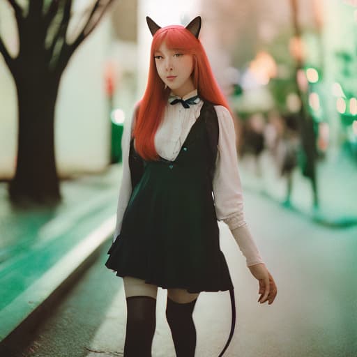 analog style an anime girl with cat ears cat tail cat eyes walking into a realistic world