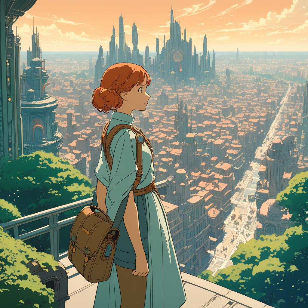  by Studio Ghibli and Alphonse Mucha, thick (science fiction scene:1.1) , looking away from camera, city, Selective focus