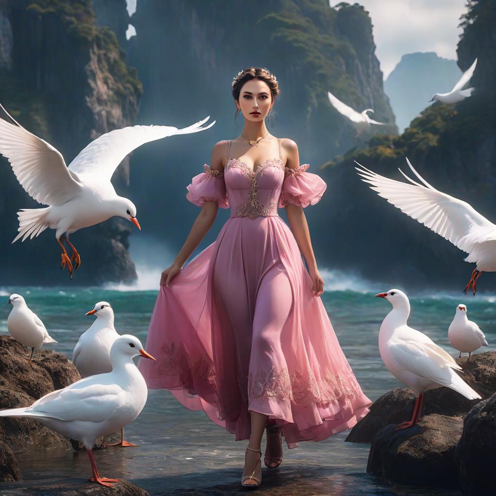  Woman in a pink dress standing next to a white bird, magical realism, sea, highly detailed matt painting, deep colors, fantastic, complex details, cinematic, additional colors, fantastic concept art, resolution 8k trend on Artstation Unreal Engine 5 hyperrealistic, full body, detailed clothing, highly detailed, cinematic lighting, stunningly beautiful, intricate, sharp focus, f/1. 8, 85mm, (centered image composition), (professionally color graded), ((bright soft diffused light)), volumetric fog, trending on instagram, trending on tumblr, HDR 4K, 8K