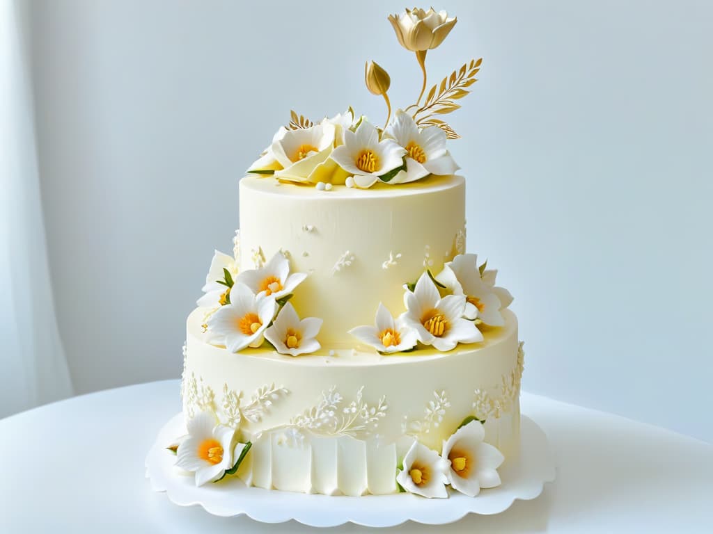  A closeup, ultrahighresolution image of a shimmering, intricately decorated tiered cake, showcasing exquisite piping details, delicate fondant flowers, and elegant gold accents. The minimalist composition focuses solely on the cake, set against a clean, white backdrop, emphasizing the artistry and craftsmanship of the confectionary masterpiece. hyperrealistic, full body, detailed clothing, highly detailed, cinematic lighting, stunningly beautiful, intricate, sharp focus, f/1. 8, 85mm, (centered image composition), (professionally color graded), ((bright soft diffused light)), volumetric fog, trending on instagram, trending on tumblr, HDR 4K, 8K