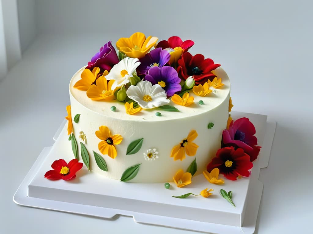  An ultradetailed, 8k resolution image of a pristine white fondant cake adorned with an elegant arrangement of vibrant, edible flowers. Each petal and pistil is exquisitely detailed, showcasing a variety of colors and shapes that pop against the cake's smooth surface. The light catches the delicate textures of the petals, highlighting their natural beauty and enticing qualities. This minimalist yet striking image perfectly captures the essence of using edible flowers in pastry, evoking a sense of sophistication and creativity. hyperrealistic, full body, detailed clothing, highly detailed, cinematic lighting, stunningly beautiful, intricate, sharp focus, f/1. 8, 85mm, (centered image composition), (professionally color graded), ((bright soft diffused light)), volumetric fog, trending on instagram, trending on tumblr, HDR 4K, 8K