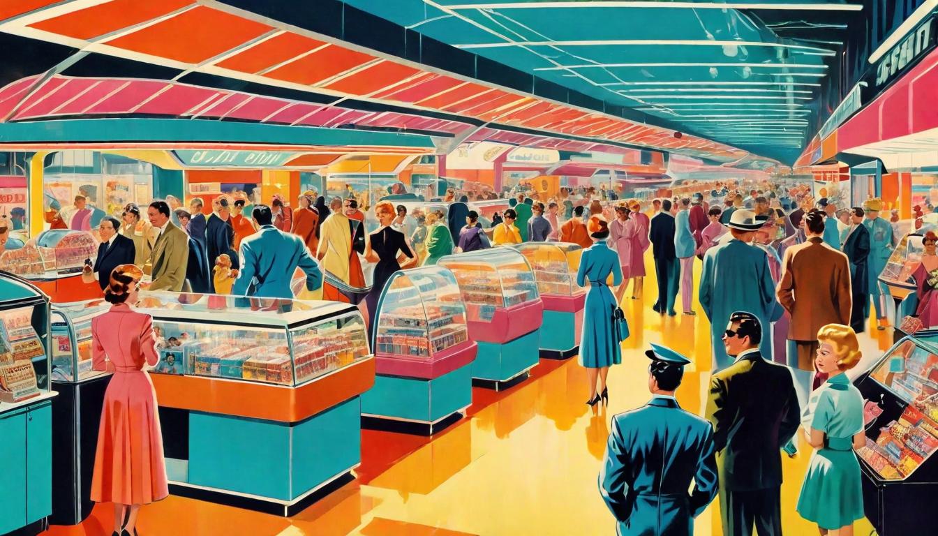  retro futuristic A vibrant, sprawling market filled with people of all ages and backgrounds, each stand displaying goods honestly without embellishment. Community, transparency, vibrant exchange. lvintage sci fi, 50s and 60s style, atomic age, vibrant, highly detailed