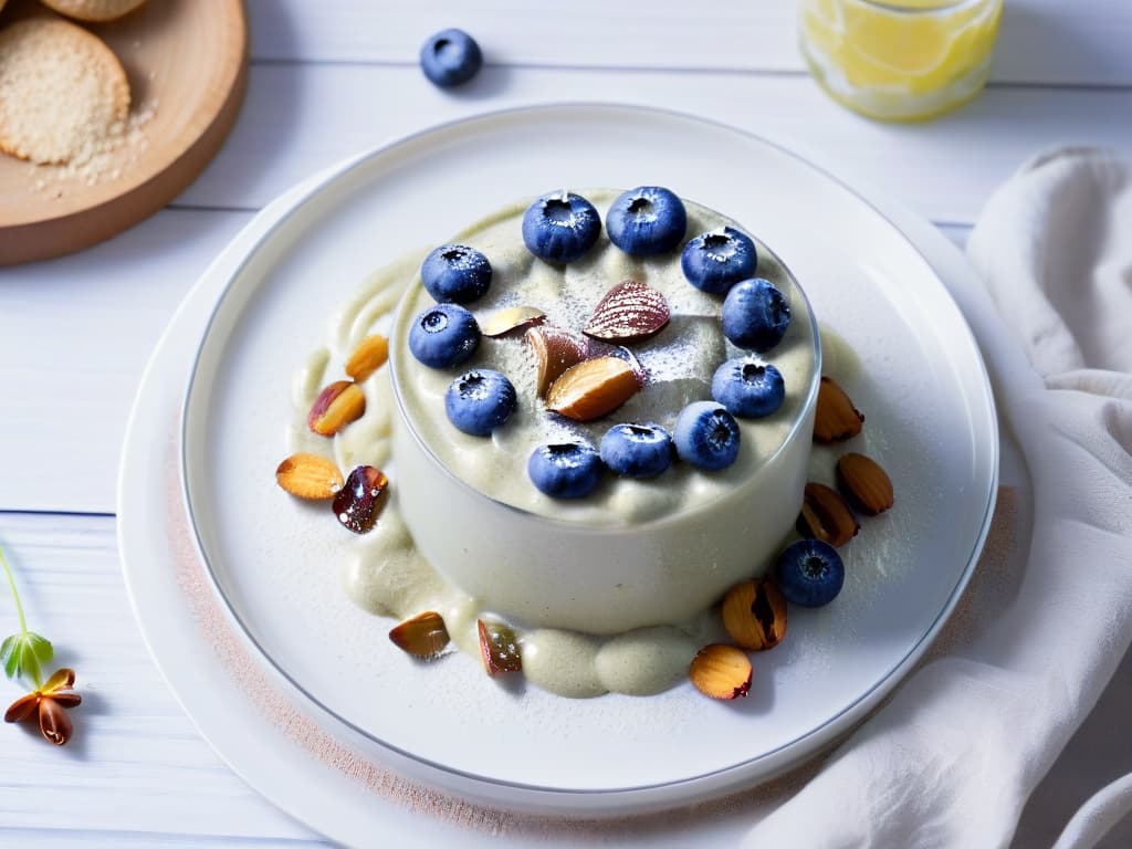  A closeup, highresolution image of a freshly baked chia seed pudding topped with blueberries and a sprinkle of crushed almonds, beautifully presented on a sleek, white porcelain plate. The creamy texture of the pudding contrasts with the vibrant colors of the berries, creating a visually striking and appetizing composition that perfectly embodies the fusion of health and indulgence in diabeticfriendly desserts. hyperrealistic, full body, detailed clothing, highly detailed, cinematic lighting, stunningly beautiful, intricate, sharp focus, f/1. 8, 85mm, (centered image composition), (professionally color graded), ((bright soft diffused light)), volumetric fog, trending on instagram, trending on tumblr, HDR 4K, 8K