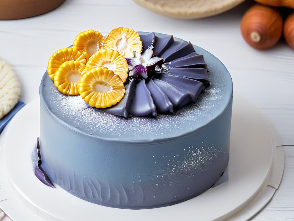  An ultradetailed 8k image of a minimalist blue corn cake with intricate golden maize patterns on top, set on a sleek white porcelain plate, against a softfocus background of a traditional Mexican kitchen with rustic terracotta tiles and vibrant blue accents. The cake is perfectly sliced to reveal a moist crumb texture speckled with blue corn kernels, garnished with a delicate dusting of powdered sugar and a single fresh blue cornflower on the side. hyperrealistic, full body, detailed clothing, highly detailed, cinematic lighting, stunningly beautiful, intricate, sharp focus, f/1. 8, 85mm, (centered image composition), (professionally color graded), ((bright soft diffused light)), volumetric fog, trending on instagram, trending on tumblr, HDR 4K, 8K