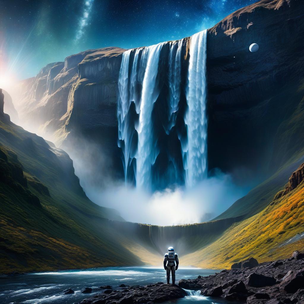  space themed A gigantic, massive waterfall should have a lot of water everywhere. . cosmic, celestial, stars, galaxies, nebulas, planets, science fiction, highly detailed hyperrealistic, full body, detailed clothing, highly detailed, cinematic lighting, stunningly beautiful, intricate, sharp focus, f/1. 8, 85mm, (centered image composition), (professionally color graded), ((bright soft diffused light)), volumetric fog, trending on instagram, trending on tumblr, HDR 4K, 8K