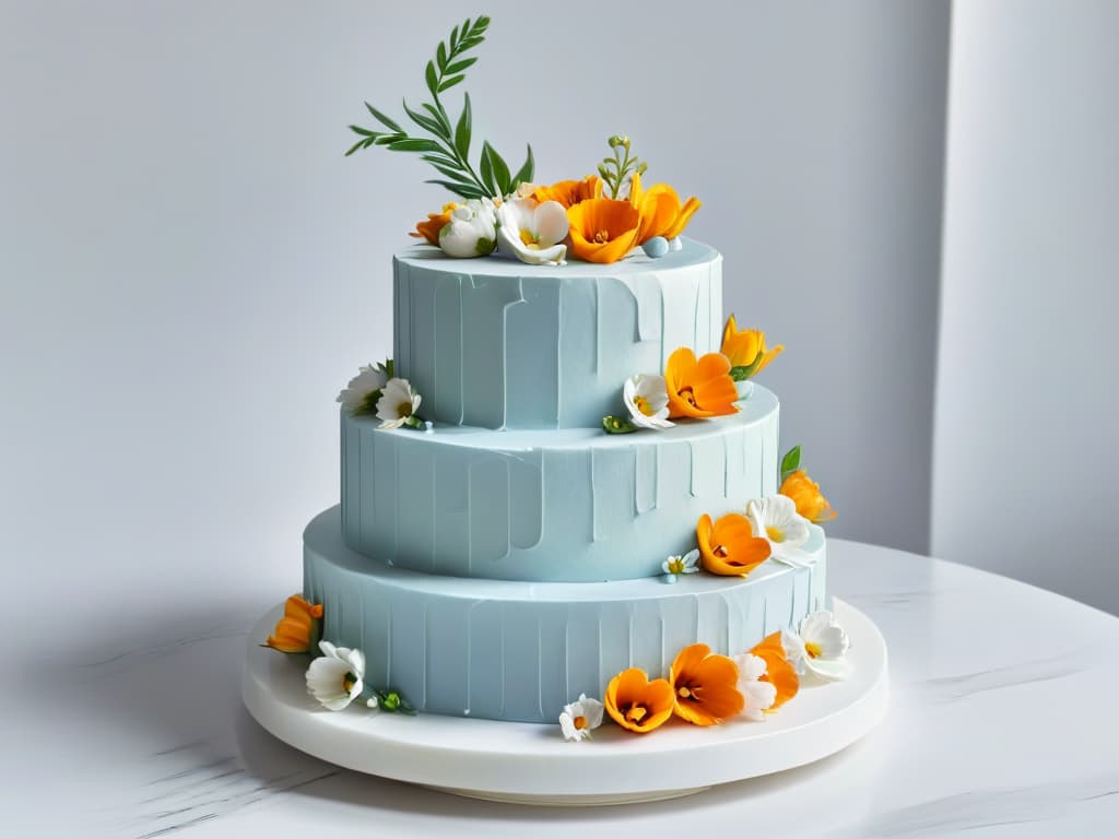  A closeup, highresolution image of a beautifully decorated tiered cake with intricate fondant details in soft pastel colors, showcasing delicate piping work and edible flowers cascading down the sides. The cake sits on a sleek, white marble countertop, with a modern minimalist kitchen in the background featuring clean lines and elegant decor. The lighting is soft and natural, highlighting the textures and colors of the cake, creating a visually striking and sophisticated image that conveys a sense of artistry and craftsmanship in the world of pastry entrepreneurship. hyperrealistic, full body, detailed clothing, highly detailed, cinematic lighting, stunningly beautiful, intricate, sharp focus, f/1. 8, 85mm, (centered image composition), (professionally color graded), ((bright soft diffused light)), volumetric fog, trending on instagram, trending on tumblr, HDR 4K, 8K