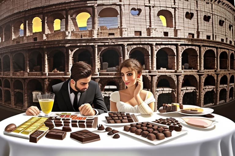  Attractive Beautiful young modern Italian couple dressed in modern designer attire looking. Foreground plates of fine dark chocolates on a table. Background Roman Colosseum. Painting style of Edgar Degas