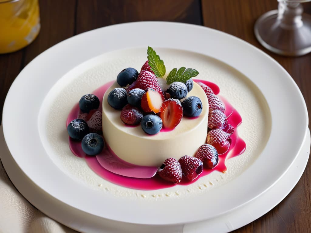  A closeup, ultradetailed image of a perfectly plated Panna Cotta Fit dessert: a smooth, creamy panna cotta topped with vibrant, fresh berries and a delicate drizzle of honey, presented on a sleek, modern white plate with a subtle sprinkle of edible flower petals for an elegant touch. The dessert sits on a dark, glossy surface, emphasizing the contrast and enhancing the luxurious feel of the dish. The lighting is soft, casting a gentle glow on the dessert, highlighting its textures and colors in exquisite detail. hyperrealistic, full body, detailed clothing, highly detailed, cinematic lighting, stunningly beautiful, intricate, sharp focus, f/1. 8, 85mm, (centered image composition), (professionally color graded), ((bright soft diffused light)), volumetric fog, trending on instagram, trending on tumblr, HDR 4K, 8K