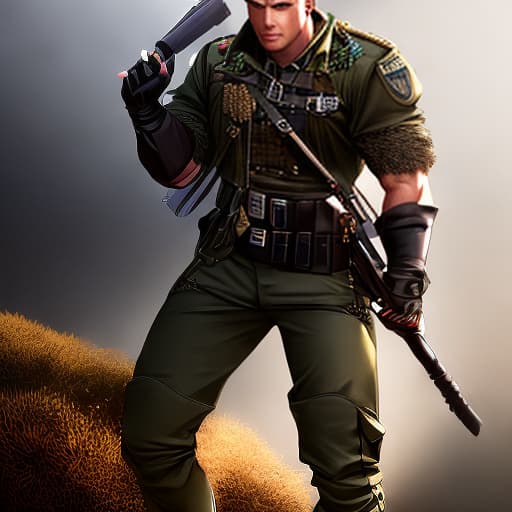  Muscular soldier hyperrealistic, full body, detailed clothing, highly detailed, cinematic lighting, stunningly beautiful, intricate, sharp focus, f/1. 8, 85mm, (centered image composition), (professionally color graded), ((bright soft diffused light)), volumetric fog, trending on instagram, trending on tumblr, HDR 4K, 8K