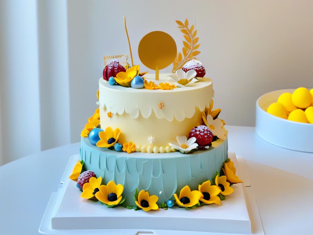  An exquisitely decorated threetiered cake standing as the centerpiece of a dessert table at a special event. The cake features intricate designs of colorful fondant flowers, delicate piping details, and shimmering edible gold accents. Surrounding the cake are assorted mini cupcakes and cookies with matching decorations, all displayed on elegant glass stands. The background is softly blurred to keep the focus on the meticulously crafted desserts, showcasing the artistry and creativity of thematic merchandising in pastry. hyperrealistic, full body, detailed clothing, highly detailed, cinematic lighting, stunningly beautiful, intricate, sharp focus, f/1. 8, 85mm, (centered image composition), (professionally color graded), ((bright soft diffused light)), volumetric fog, trending on instagram, trending on tumblr, HDR 4K, 8K