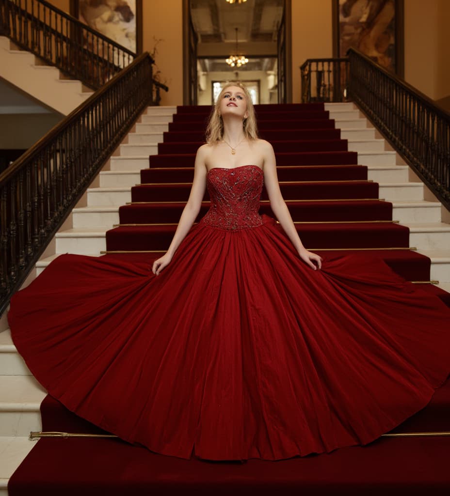  good quality, high quality, a 2 old is descending a grand staircase staircase. she is smiling. pale skin. she is . she is wearing a very big and long extravagant and gorgeous red . she is wearing extravagant jewelry. she is . her s are . enormous, mive s. her entire body is shown including her feet. photo.