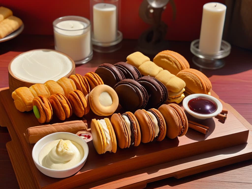  A photorealistic image of a long wooden table adorned with an array of beautifully crafted pastries and desserts from various cultures around the world. The table is set in a cozy kitchen with warm lighting casting soft shadows, showcasing delicacies like French macarons, Italian cannoli, Turkish baklava, Japanese mochi, and Mexican churros. Each dessert is meticulously decorated and arranged, highlighting the unique flavors and textures that represent the sweet unity of diverse culinary traditions. hyperrealistic, full body, detailed clothing, highly detailed, cinematic lighting, stunningly beautiful, intricate, sharp focus, f/1. 8, 85mm, (centered image composition), (professionally color graded), ((bright soft diffused light)), volumetric fog, trending on instagram, trending on tumblr, HDR 4K, 8K