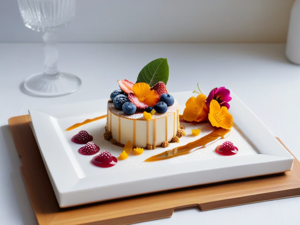  An elegant, minimalistic image of a beautifully plated dessert fusion showcasing a mix of cultural influences in its presentation. The dessert is artistically arranged on a white, porcelain plate, featuring elements like delicate drizzles of caramel, exotic fruits, and a sprinkle of edible flowers for a touch of sophistication. The background is softly blurred to keep the focus on the intricate details of the dessert, highlighting the harmonious blend of flavors and textures that symbolize the essence of fusion desserts. hyperrealistic, full body, detailed clothing, highly detailed, cinematic lighting, stunningly beautiful, intricate, sharp focus, f/1. 8, 85mm, (centered image composition), (professionally color graded), ((bright soft diffused light)), volumetric fog, trending on instagram, trending on tumblr, HDR 4K, 8K