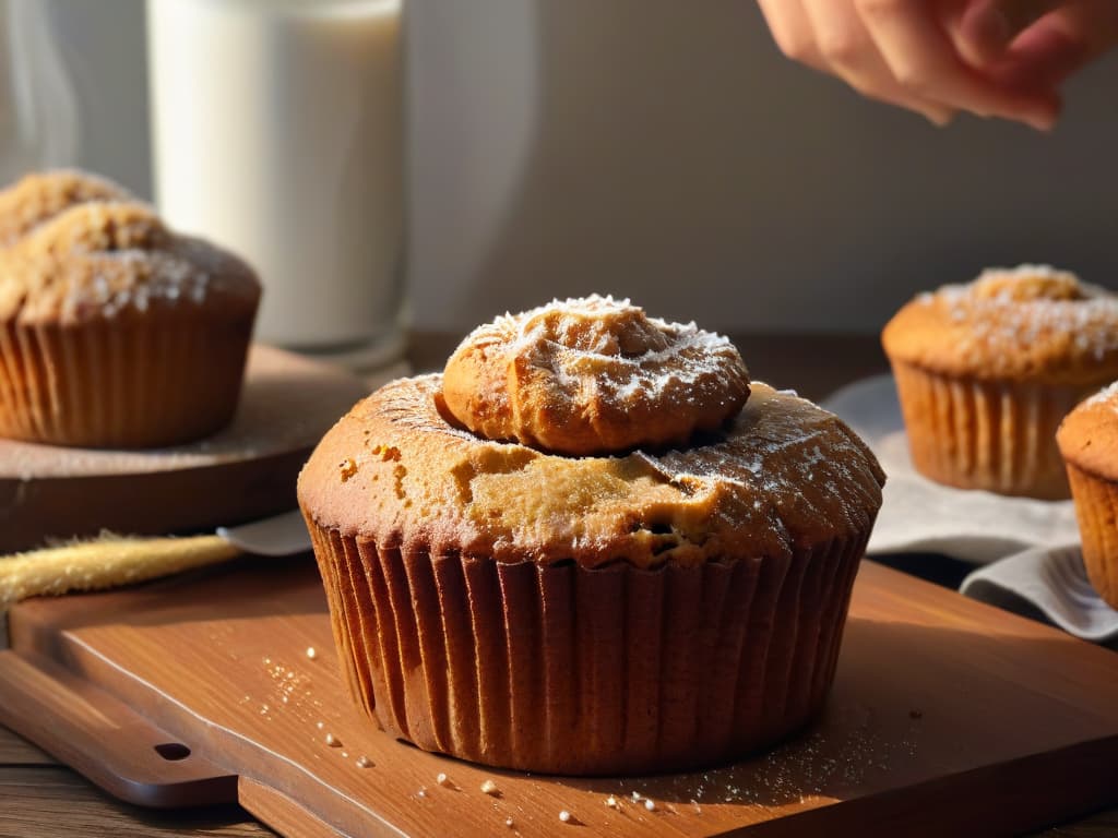  A closeup photorealistic image of a hand sprinkling a small spoonful of rich, goldenbrown coconut sugar onto a freshly baked muffin. The muffin is placed on a rustic wooden table, with soft natural light streaming in from a nearby window, casting a gentle shadow of the hand. The texture of the coconut sugar glistens in the light, showcasing its natural crystalline structure and warm hue. The background is blurred, keeping the focus solely on the act of sweetening the muffin with this sustainable and wholesome sweetener. hyperrealistic, full body, detailed clothing, highly detailed, cinematic lighting, stunningly beautiful, intricate, sharp focus, f/1. 8, 85mm, (centered image composition), (professionally color graded), ((bright soft diffused light)), volumetric fog, trending on instagram, trending on tumblr, HDR 4K, 8K