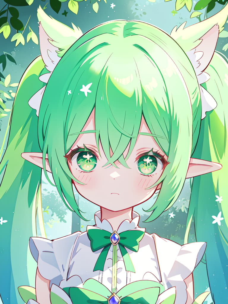  Green hair character's magical girl's appearance of the magical girl, the elf ears, twin tails, silence, masterpiece, best quality,8k,ultra detailed,high resolution,an extremely delicate and beautiful,hyper detail